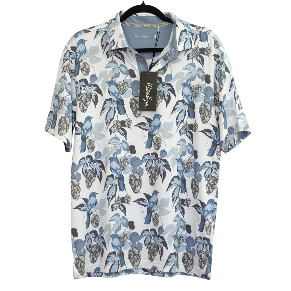 NWT Walter Hagen Mens Golf Polo Shirt Hops Birdies 11 Novelty Print White Size S
